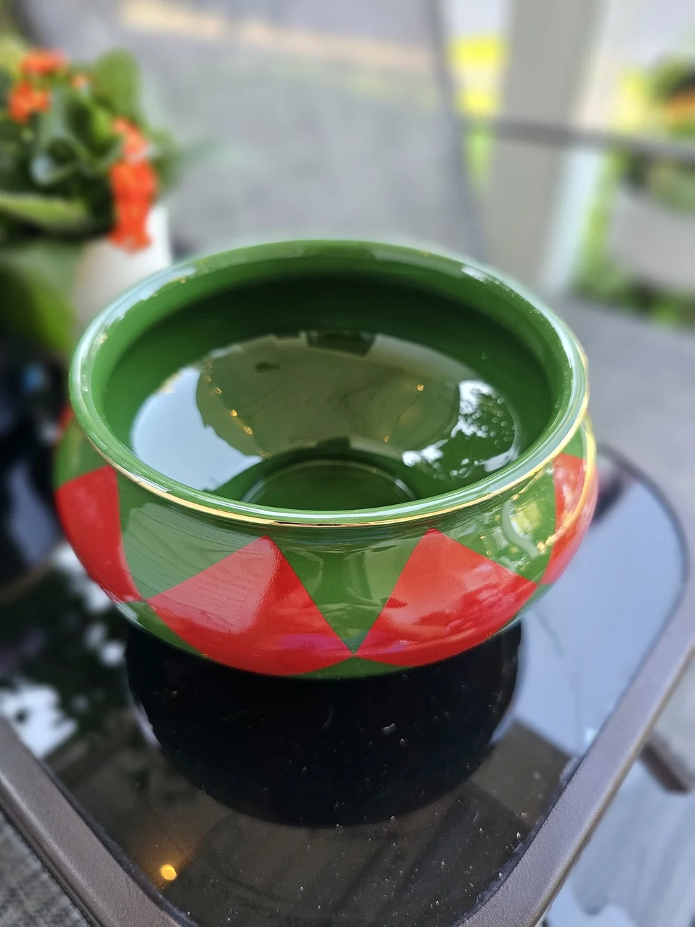 Vintage Teleflora Holiday Harlequin Bowl Red Green Gold Trim Planter